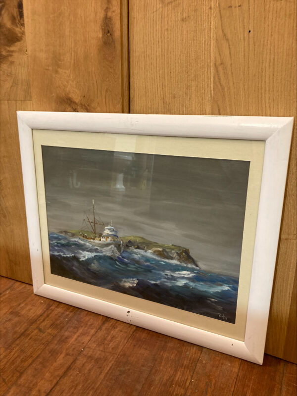 Framed Oil Painting Of Ferry In Stormy Sea