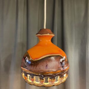 Mid Century German Studio Pottery Pendant With Orange & Brown Perforated Shade