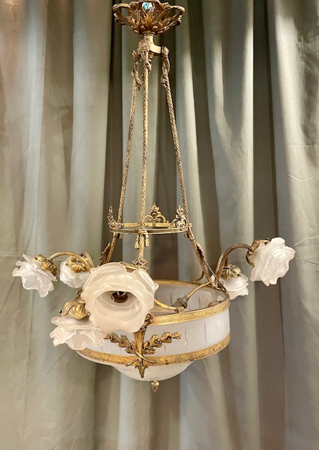 19th Century Chandelier with Rose Shaped Glass Shades 19th Century Chandelier with Rose Shaped Glass Shades