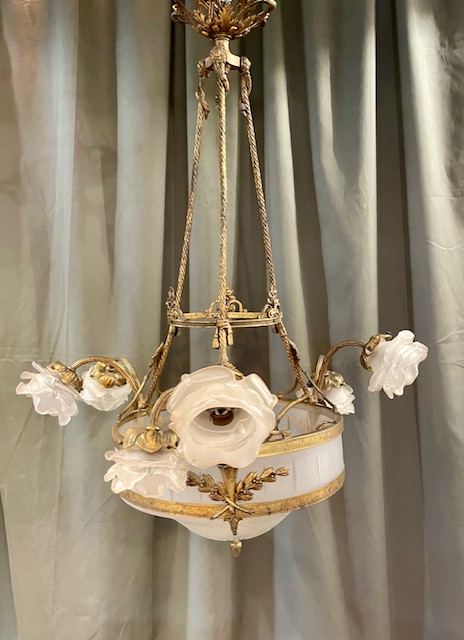 19th Century Chandelier with Rose Shaped Glass Shades 19th Century Chandelier with Rose Shaped Glass Shades