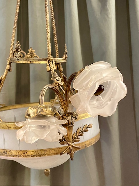 19th Century Chandelier with Rose Shaped Glass Shades 19th Century Chandelier with Rose Shaped Glass Shades