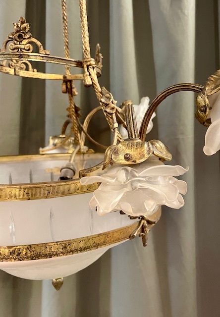 19th Century Chandelier with Rose Shaped Glass Shades 19th Century Chandelier with Rose Shaped Glass Shades