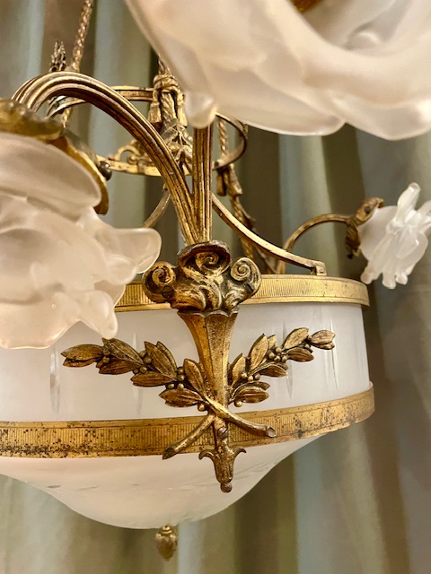 19th Century Chandelier with Rose Shaped Glass Shades 19th Century Chandelier with Rose Shaped Glass Shades