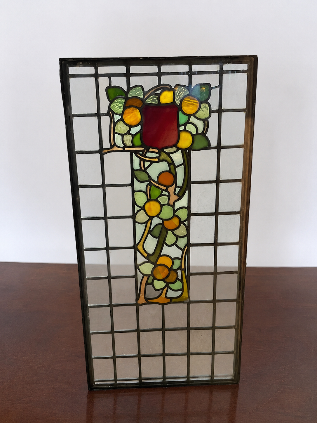 Art Nouveau Floral Leaded Glass Panel