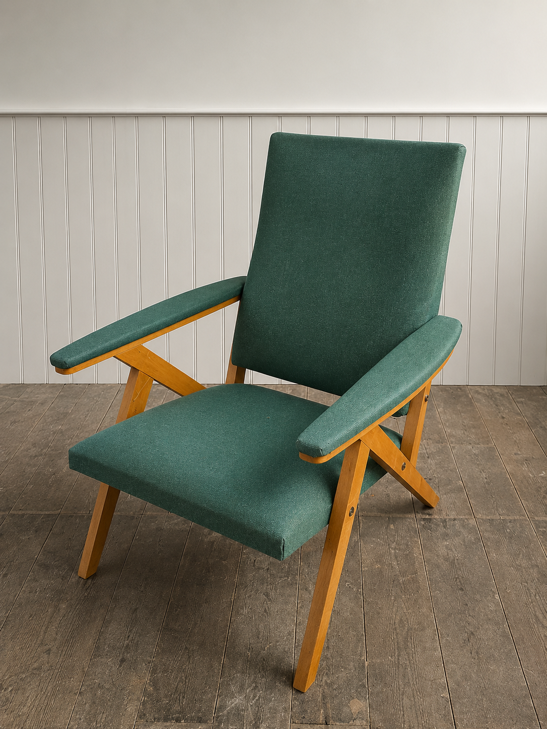Mid Century Vinyl + Beech armchair