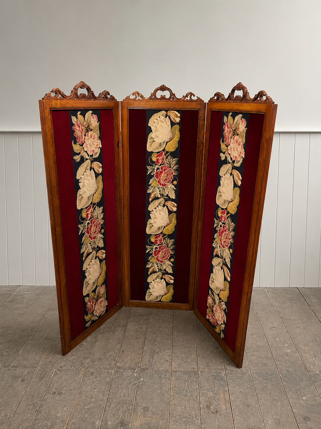 Antique Walnut 3 Panel Embroidered Screen