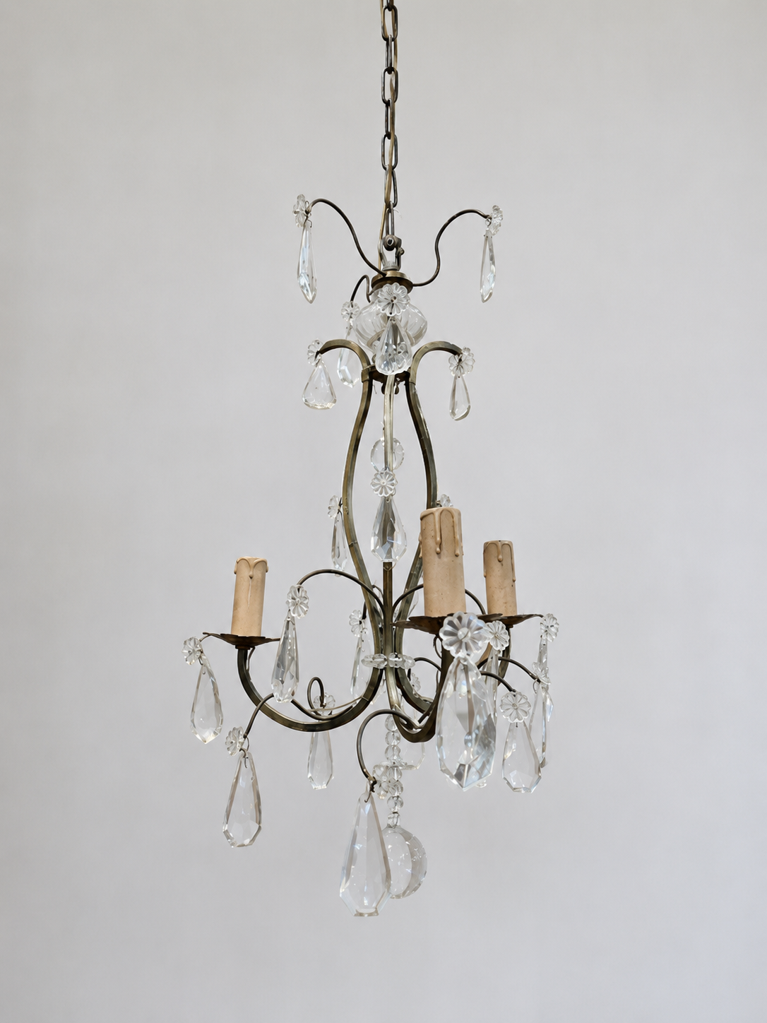 Vintage French Gilt Brass Crystal Chandelier