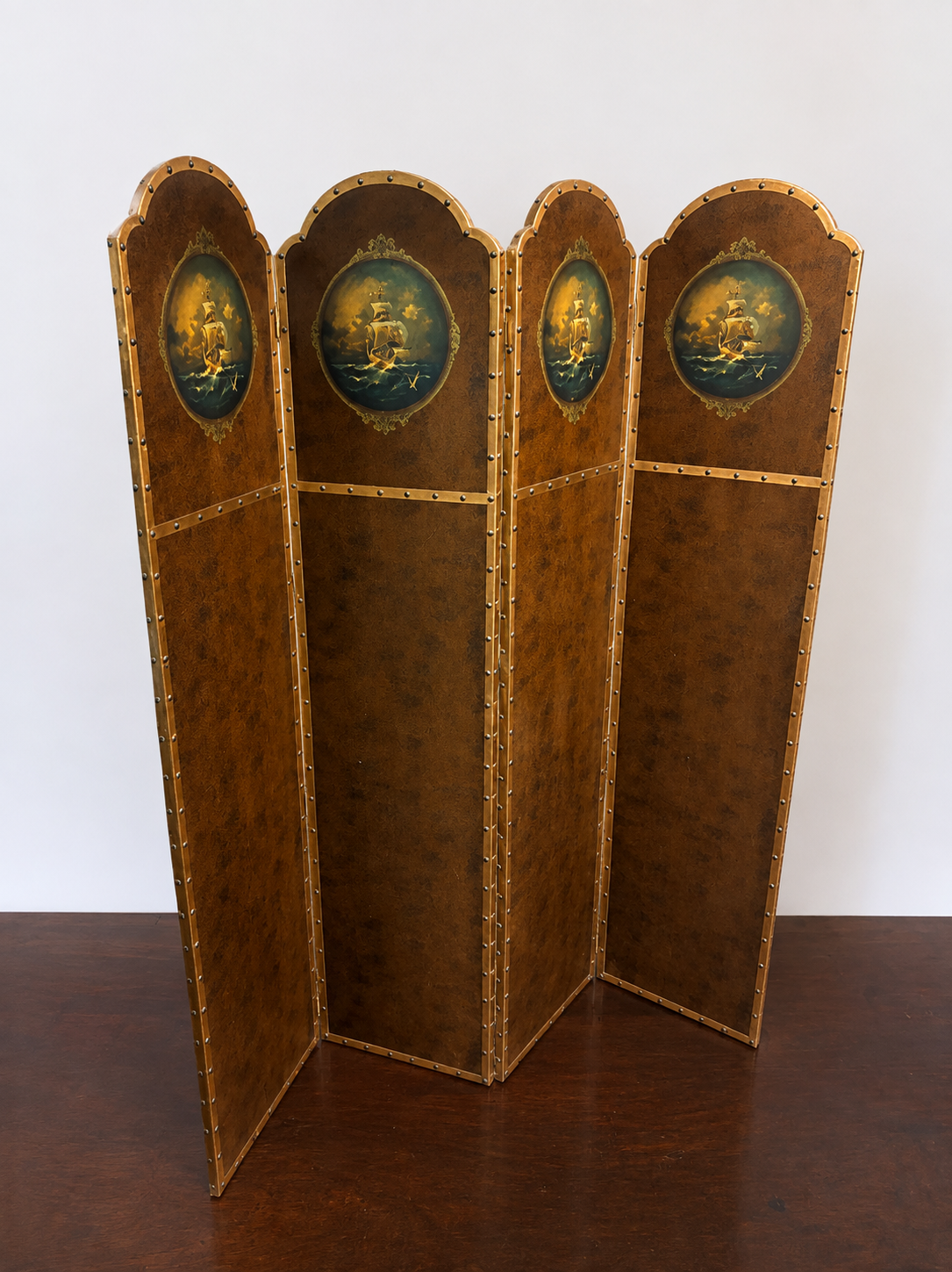 Antique Folding Screen with Faux Leather