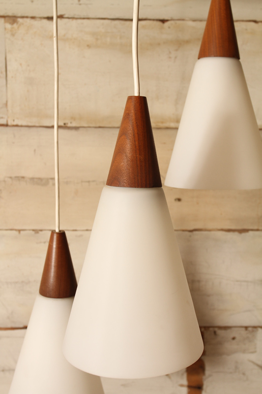 Mid Century Teak and Frosted Glass Pendant Light