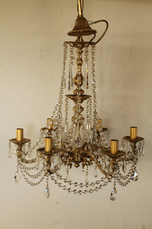 Victorian 6 Arm Glass and Brass Chandelier