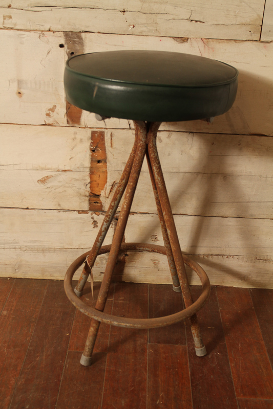 Industrial Steel Stool with Faux Green Leather Seat Cushion