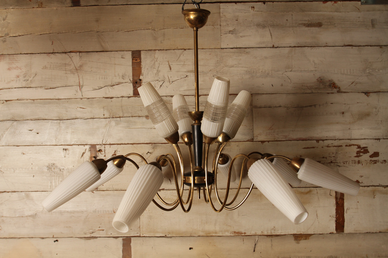 Mid Century 12 Arm Chandelier with Frosted Shades