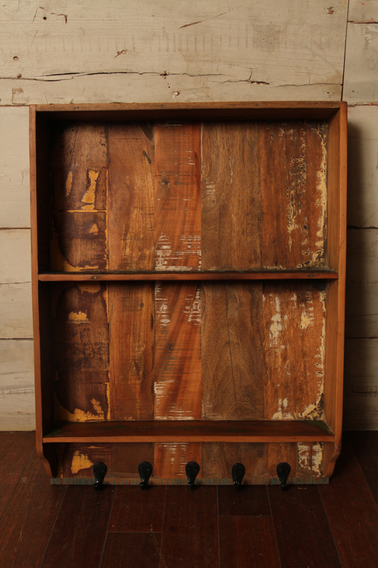 Distressed Wall Mounted Shelving Unit with Hooks