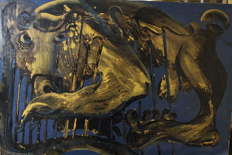 Mid  Century Abstract Bull Painting