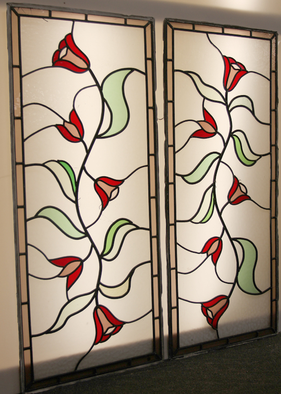 Pair of Red Tulip Leaded Glass Panes