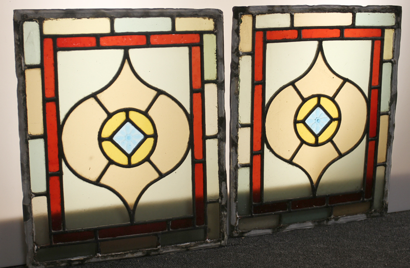 Pair of Victorian Glass Panels with Blue Centre Rondel