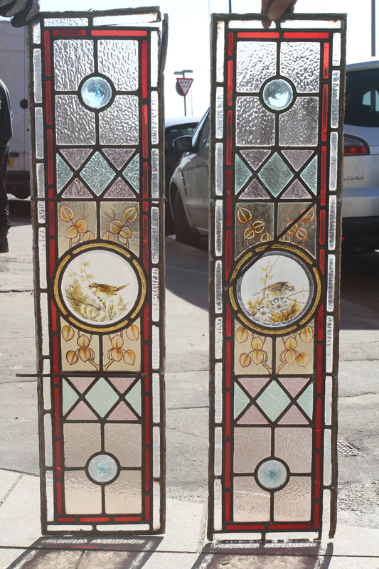 Pair of Period Slim Stained Glass Bird Panels