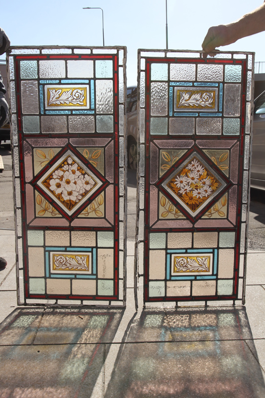 Pair of Period Tall Stained Glass Floral Panels