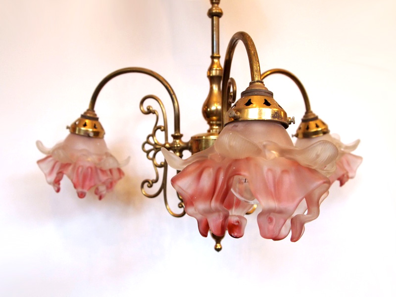 3 Arm Brass Chandelier with Pink Floral Shade